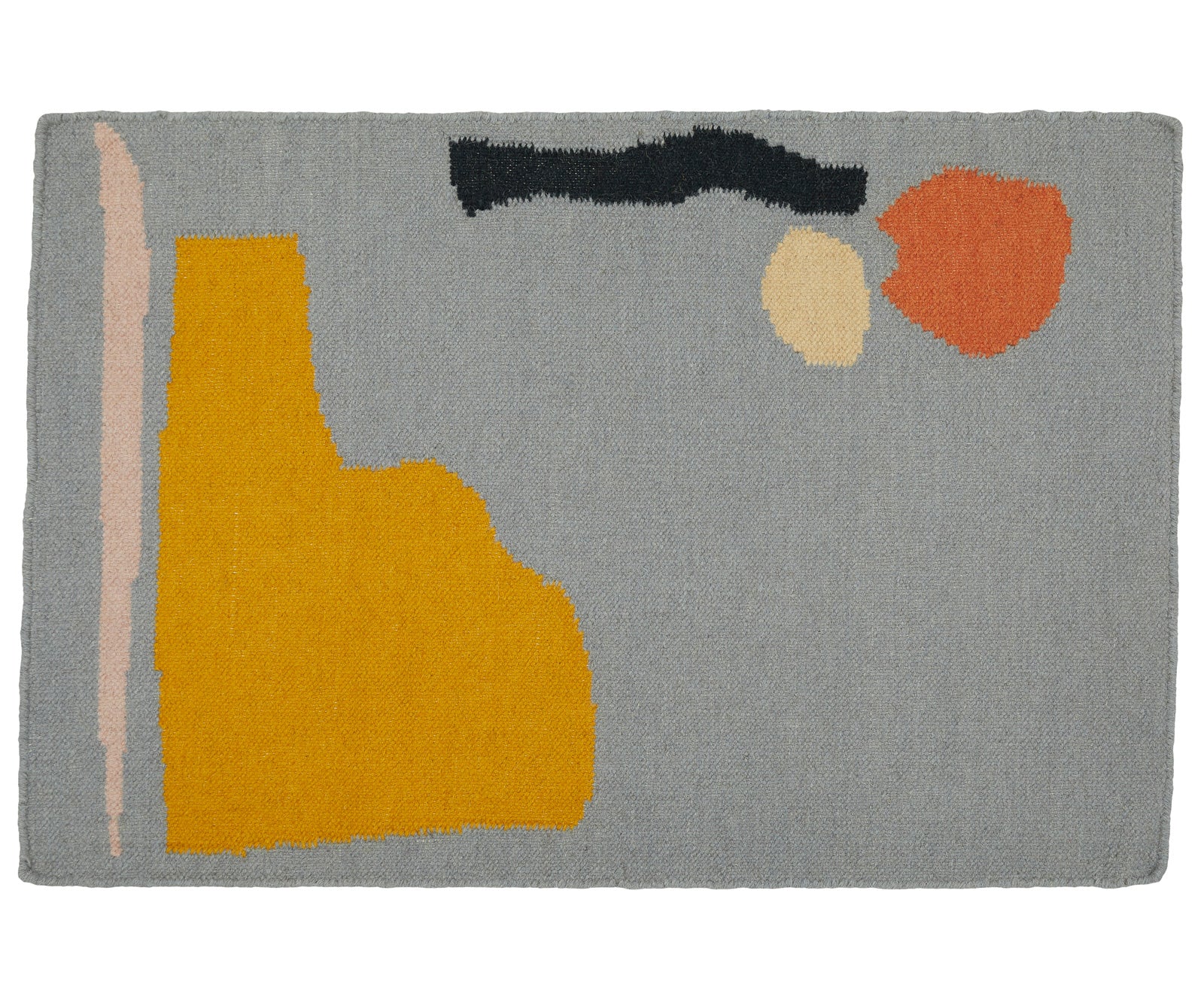 A 100% wool yarn flat weave rug from Cold Picnic. An abstract design featuring blue/grey with yellow and black