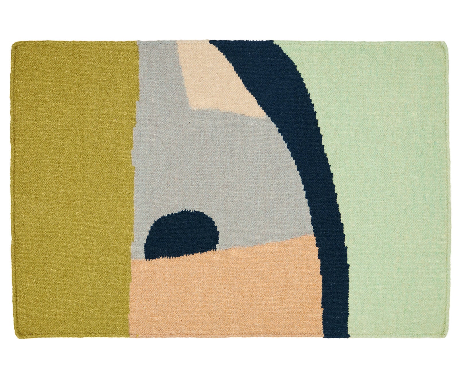 A flatweave rug from Cold Picnic. An abstract design featuring mint with citron, lavender, terra cotta, black and cream. Available in sizes 2x3' 4x6', 6x9'.