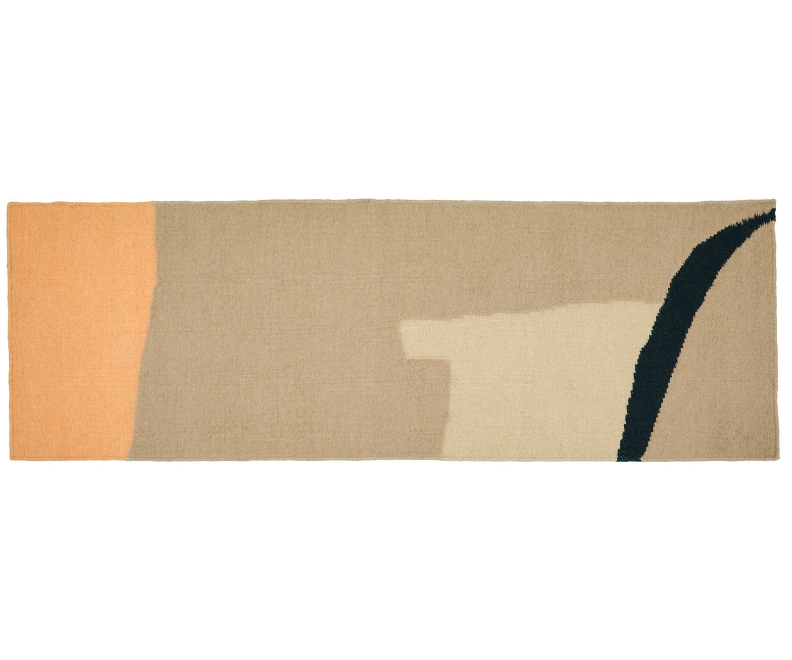 A flatweave runner from Cold Picnic. An abstract design featuring tan with salmon, cream and black. Well suited to high traffic areas. Available in size 2x6'.